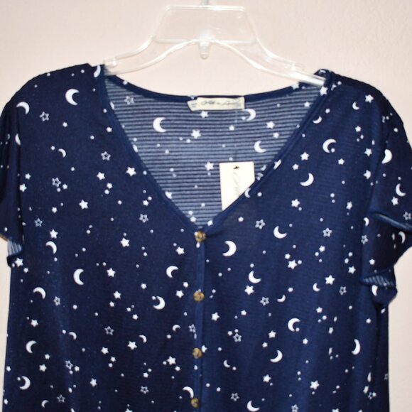 All in Love Women's Blue Celestial Cap Sleeve Button-Up Knot Front Top Size L - Picture 2 of 5